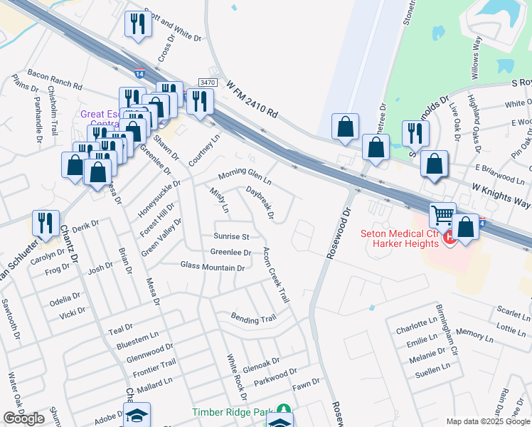 map of restaurants, bars, coffee shops, grocery stores, and more near 5202 Daybreak Drive in Killeen