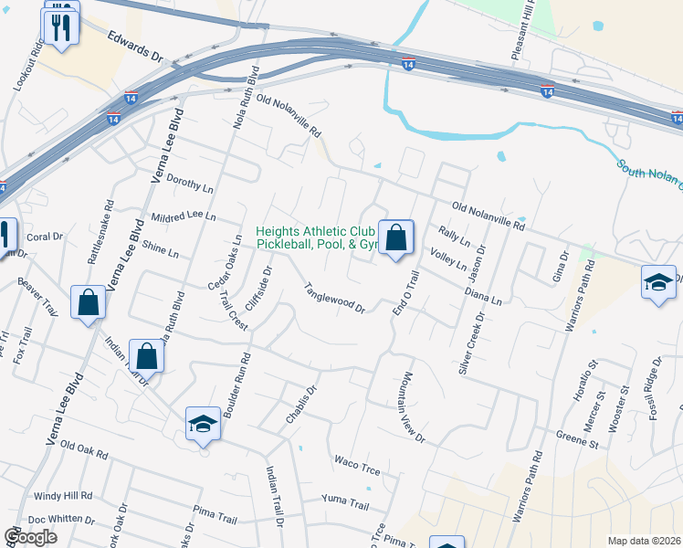 map of restaurants, bars, coffee shops, grocery stores, and more near 1602 Man O War Drive in Harker Heights