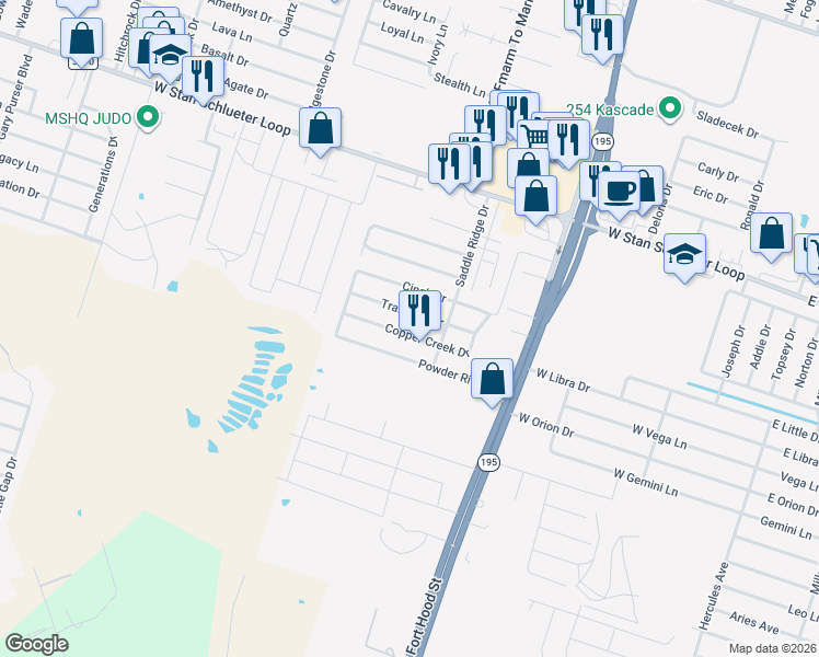 map of restaurants, bars, coffee shops, grocery stores, and more near 1307 Copper Creek Drive in Killeen
