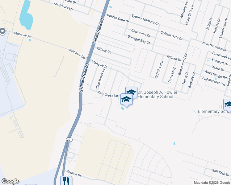 map of restaurants, bars, coffee shops, grocery stores, and more near 6601 Creek Land Road in Killeen