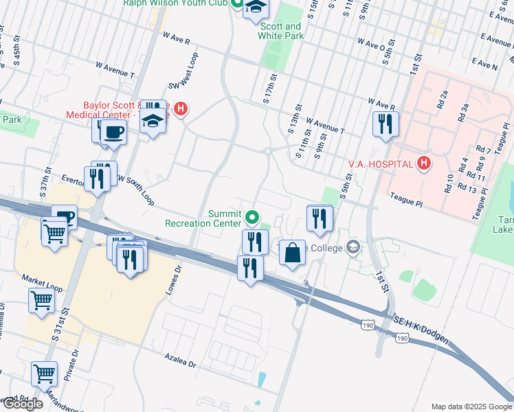 map of restaurants, bars, coffee shops, grocery stores, and more near 2413 South 13th Street in Temple