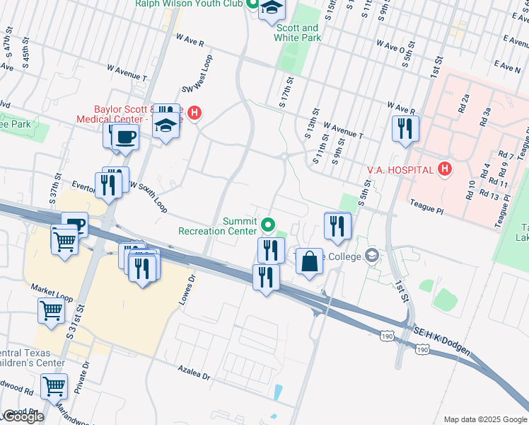 map of restaurants, bars, coffee shops, grocery stores, and more near 2416 South 13th Street in Temple