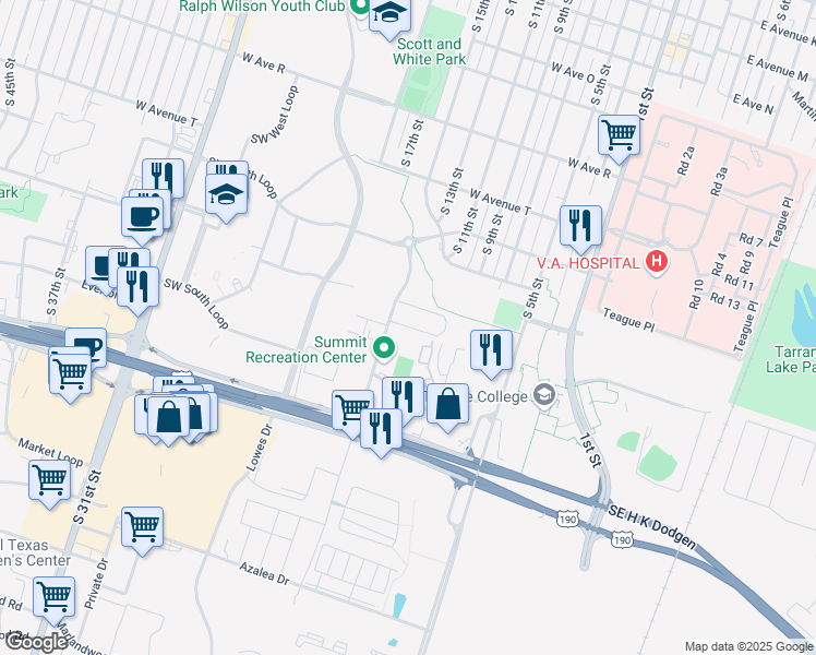 map of restaurants, bars, coffee shops, grocery stores, and more near 2504 South 13th Street in Temple