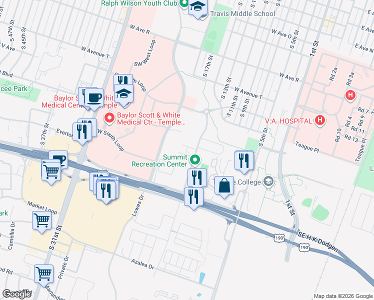 map of restaurants, bars, coffee shops, grocery stores, and more near 2504 South 13th Street in Temple