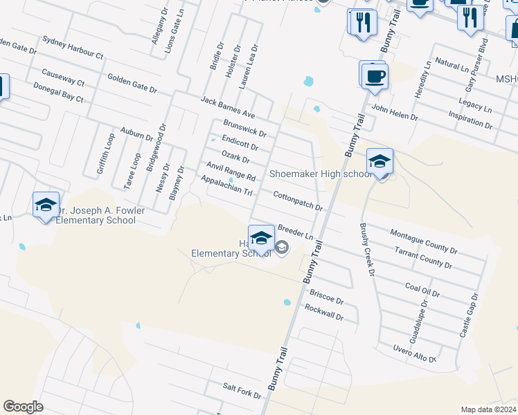 map of restaurants, bars, coffee shops, grocery stores, and more near 3610 Sands Lane in Killeen