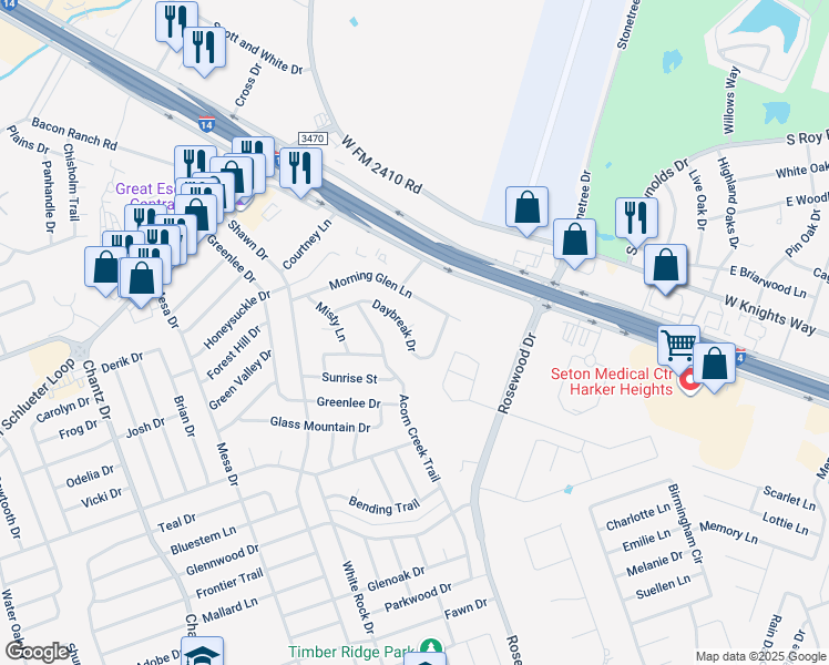 map of restaurants, bars, coffee shops, grocery stores, and more near 5202 Daybreak Circle in Killeen