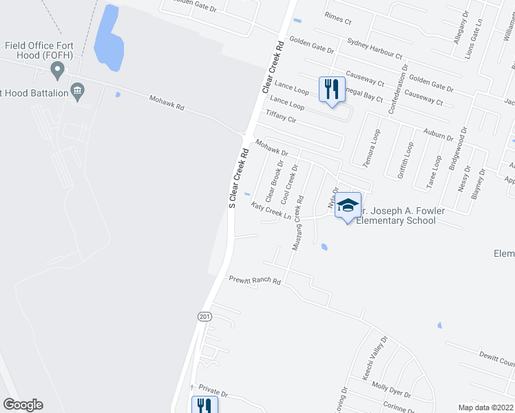 map of restaurants, bars, coffee shops, grocery stores, and more near 4906 Katy Creek Lane in Killeen