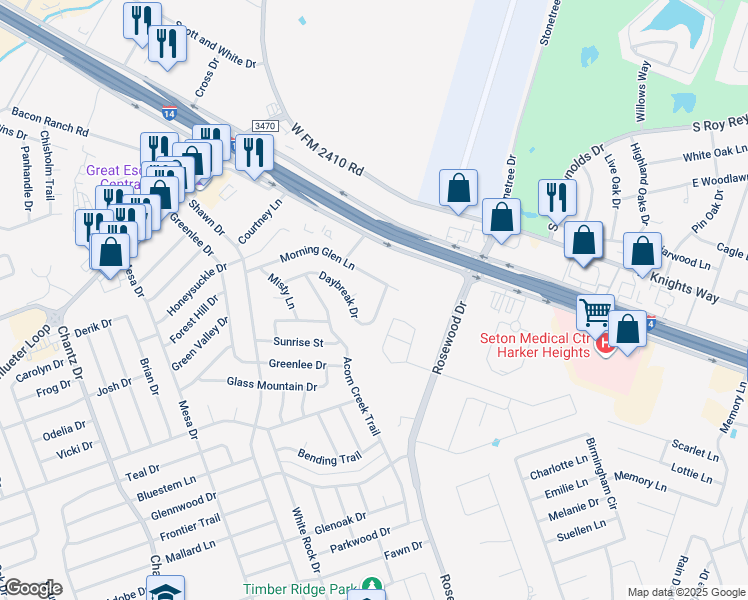 map of restaurants, bars, coffee shops, grocery stores, and more near 5303 Morning Glen Lane in Killeen