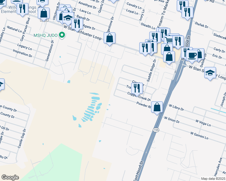 map of restaurants, bars, coffee shops, grocery stores, and more near 1500 Trailboss Drive in Killeen