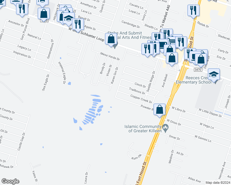 map of restaurants, bars, coffee shops, grocery stores, and more near 1507 Powder River Drive in Killeen