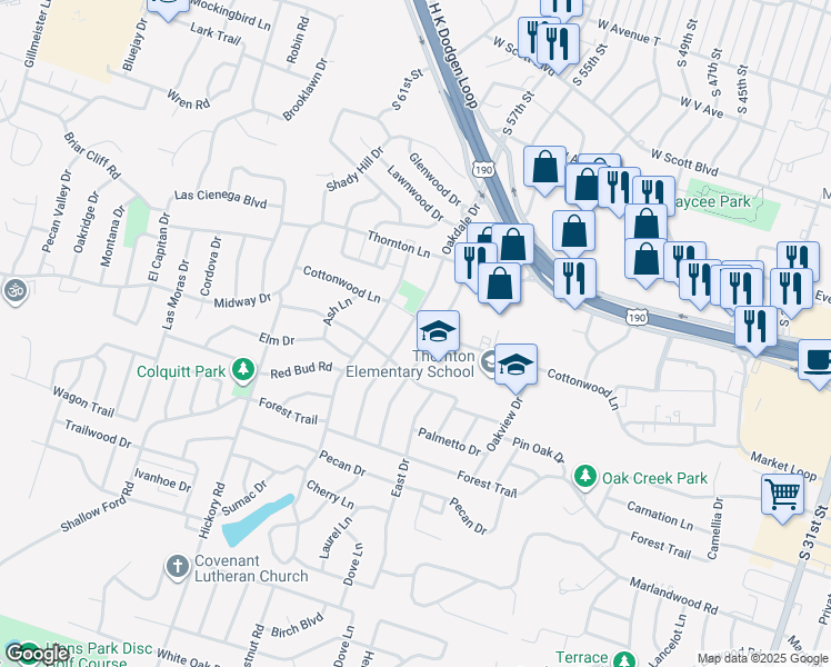 map of restaurants, bars, coffee shops, grocery stores, and more near 3018 Oaklawn Drive in Temple