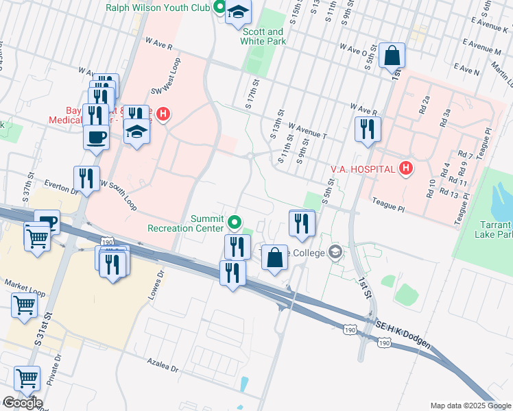 map of restaurants, bars, coffee shops, grocery stores, and more near 2405 South 13th Street in Temple