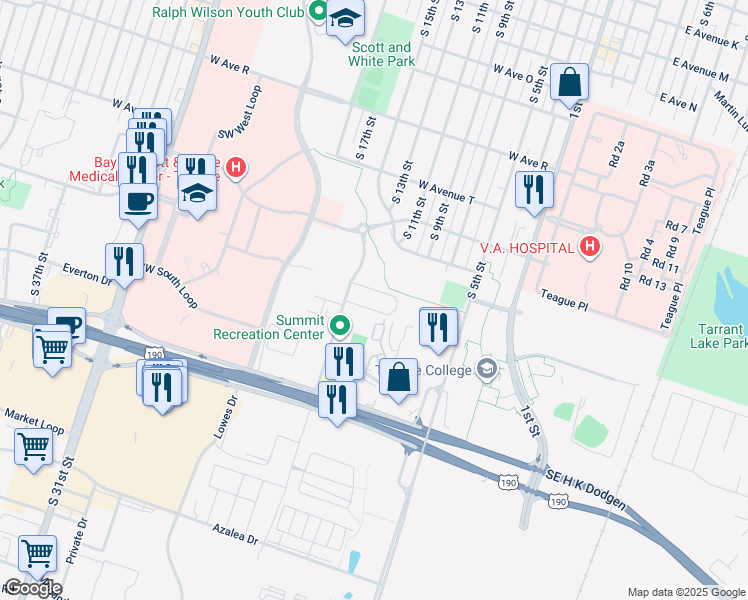 map of restaurants, bars, coffee shops, grocery stores, and more near 2321 South 13th Street in Temple
