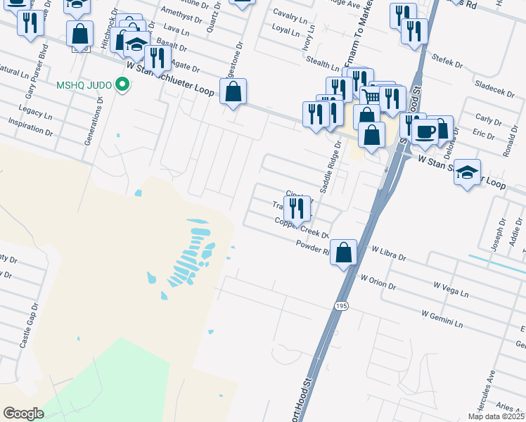 map of restaurants, bars, coffee shops, grocery stores, and more near 1500 Trailboss Drive in Killeen