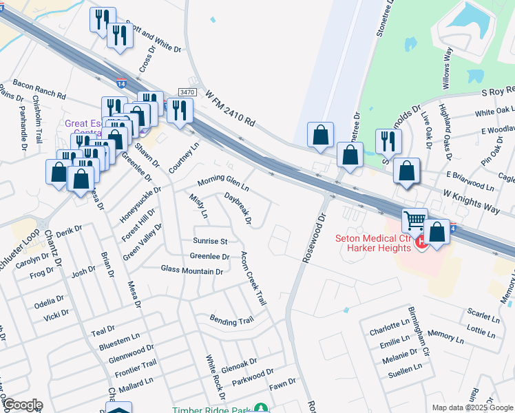 map of restaurants, bars, coffee shops, grocery stores, and more near 5203 Daybreak Circle in Killeen