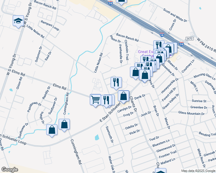 map of restaurants, bars, coffee shops, grocery stores, and more near 3319 Chisholm Trail in Killeen
