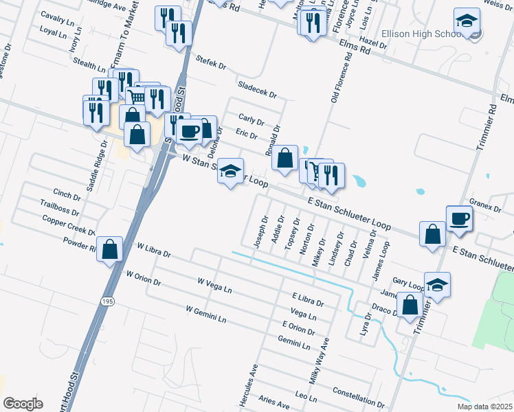 map of restaurants, bars, coffee shops, grocery stores, and more near 5104 James Loop in Killeen