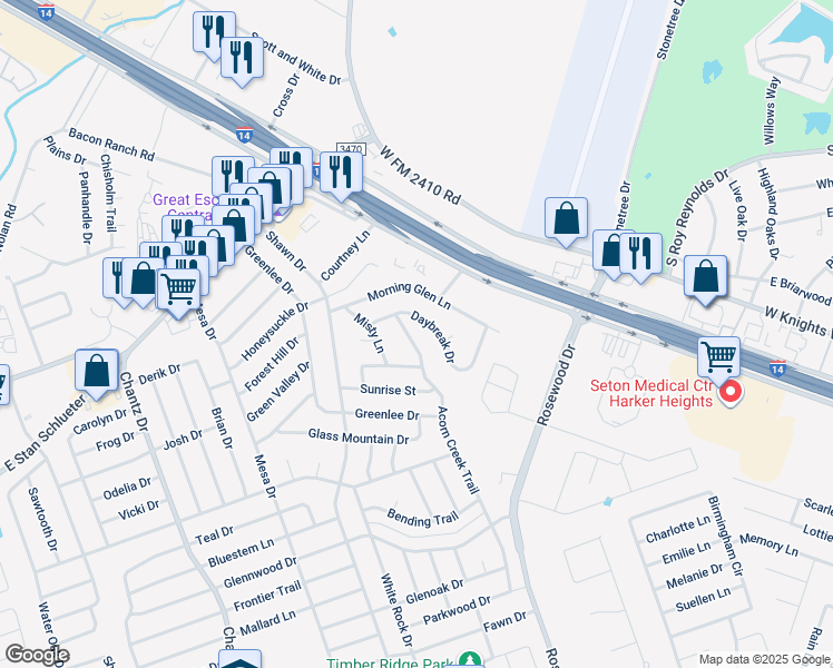 map of restaurants, bars, coffee shops, grocery stores, and more near 4304 Acorn Creek Trail in Killeen
