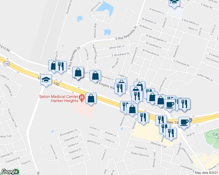 map of restaurants, bars, coffee shops, grocery stores, and more near 603 Farm to Market 2410 in Harker Heights