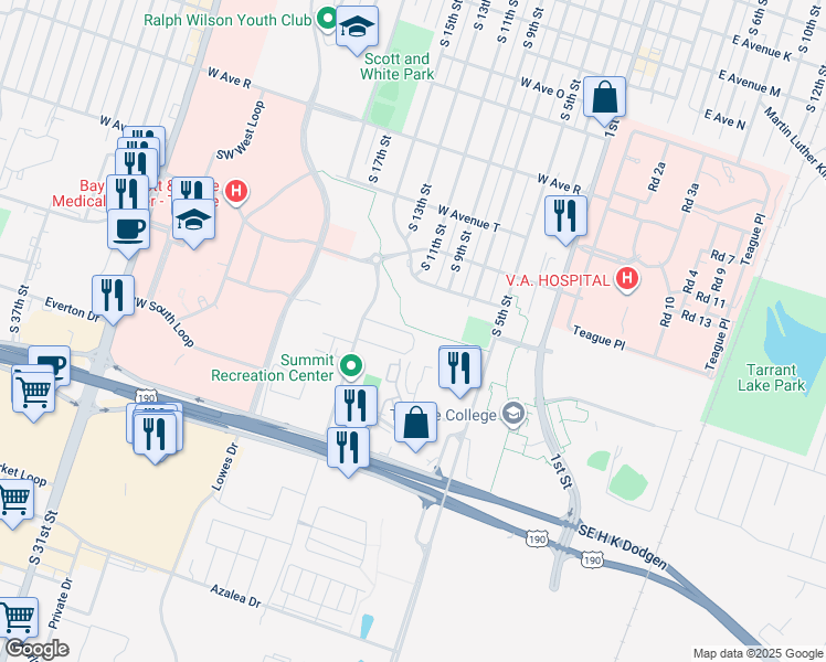 map of restaurants, bars, coffee shops, grocery stores, and more near 2321 South 13th Street in Temple