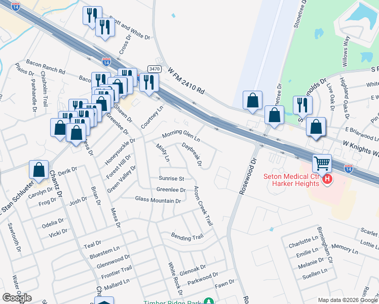 map of restaurants, bars, coffee shops, grocery stores, and more near 4304 Acorn Creek Trail in Killeen