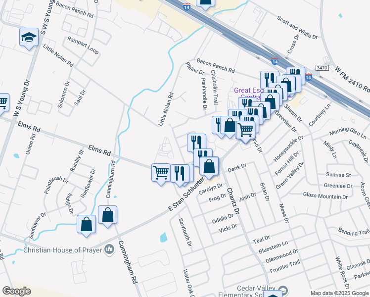map of restaurants, bars, coffee shops, grocery stores, and more near 3803 John Chisholm Loop in Killeen