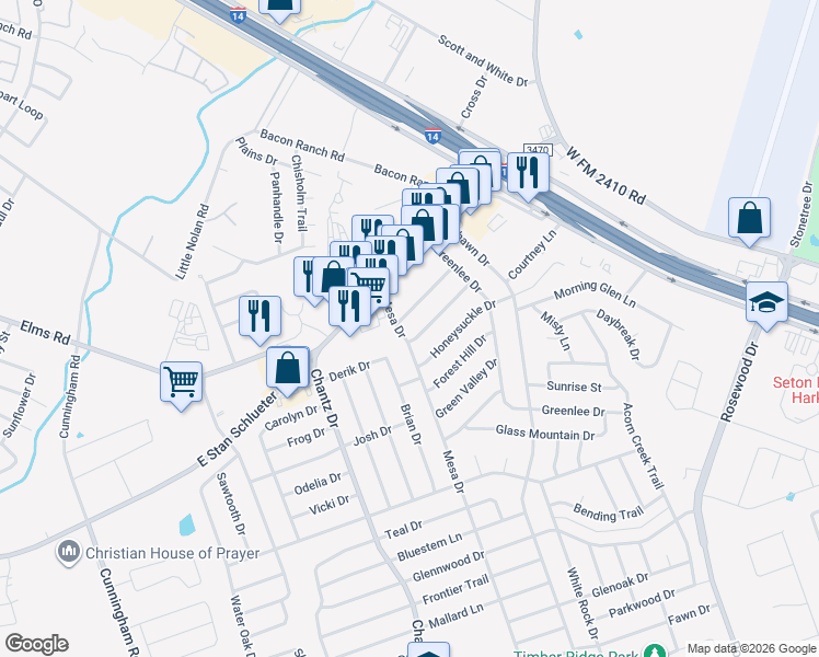 map of restaurants, bars, coffee shops, grocery stores, and more near 3310 Edgewood Drive in Killeen