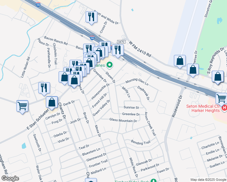 map of restaurants, bars, coffee shops, grocery stores, and more near 4802 Morning Glen Lane in Killeen