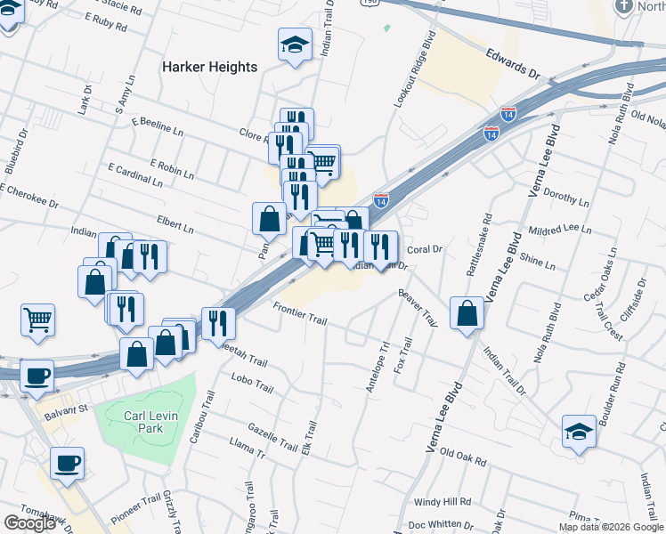 map of restaurants, bars, coffee shops, grocery stores, and more near 602 East Central Texas Expressway in Harker Heights