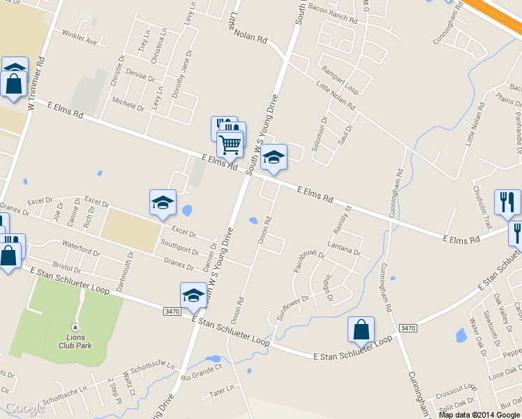 map of restaurants, bars, coffee shops, grocery stores, and more near 4001 Onion Road in Killeen
