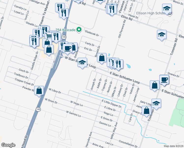 map of restaurants, bars, coffee shops, grocery stores, and more near 5102 James Loop in Killeen