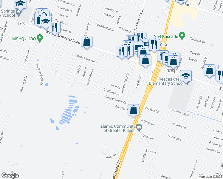 map of restaurants, bars, coffee shops, grocery stores, and more near 1304 Cinch Drive in Killeen