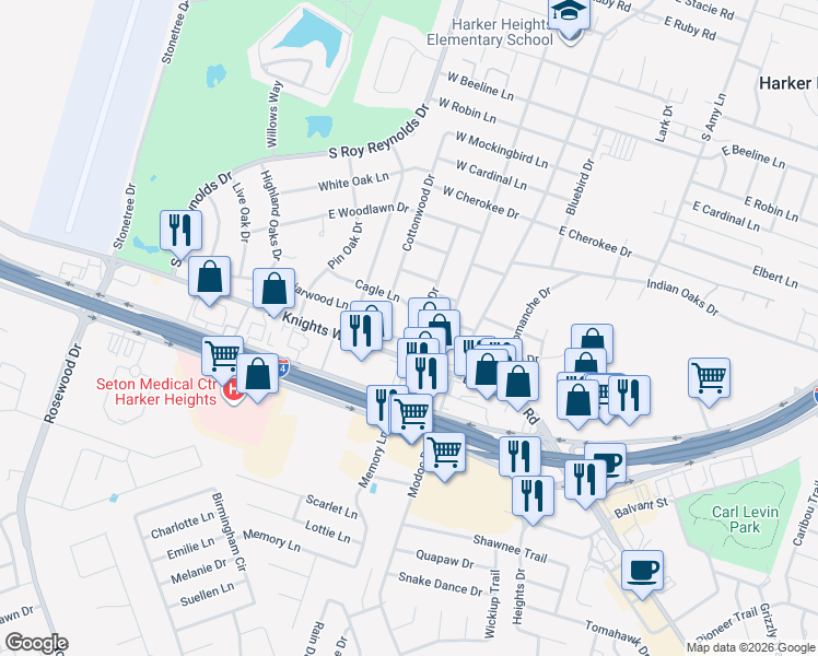 map of restaurants, bars, coffee shops, grocery stores, and more near 810 Cagle Lane in Harker Heights