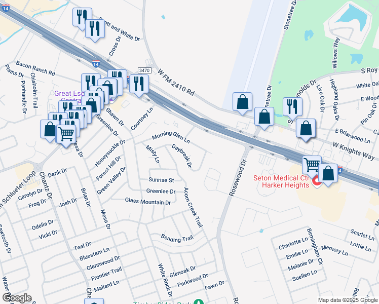 map of restaurants, bars, coffee shops, grocery stores, and more near 5203 Daybreak Circle in Killeen