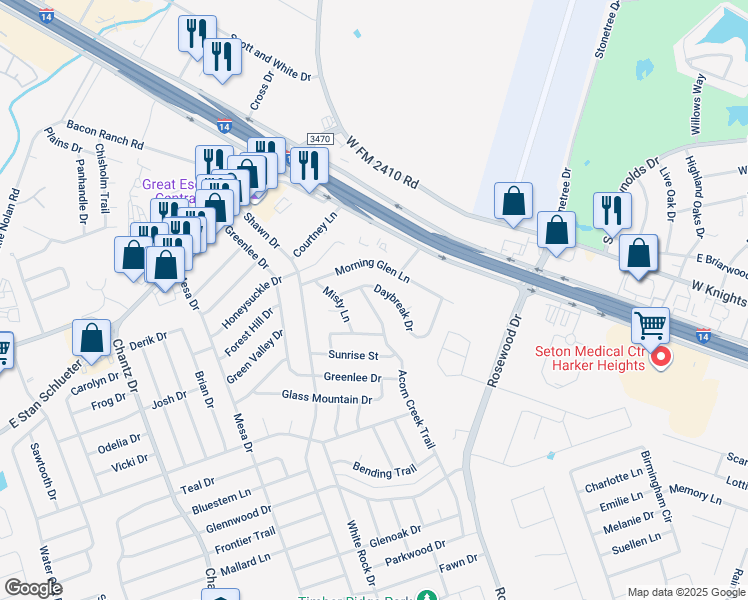 map of restaurants, bars, coffee shops, grocery stores, and more near 4304 Acorn Creek Trail in Killeen