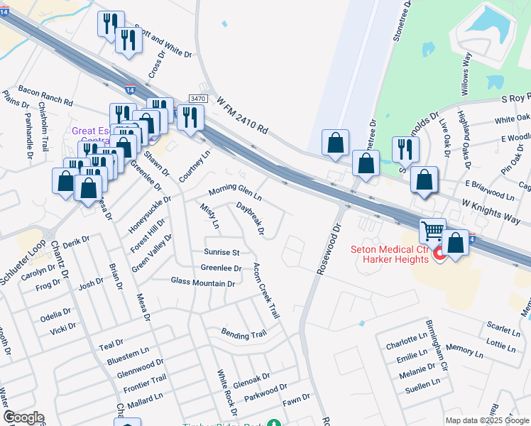 map of restaurants, bars, coffee shops, grocery stores, and more near 5203 Daybreak Circle in Killeen