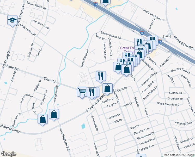 map of restaurants, bars, coffee shops, grocery stores, and more near 3803 John Chisholm Loop in Killeen