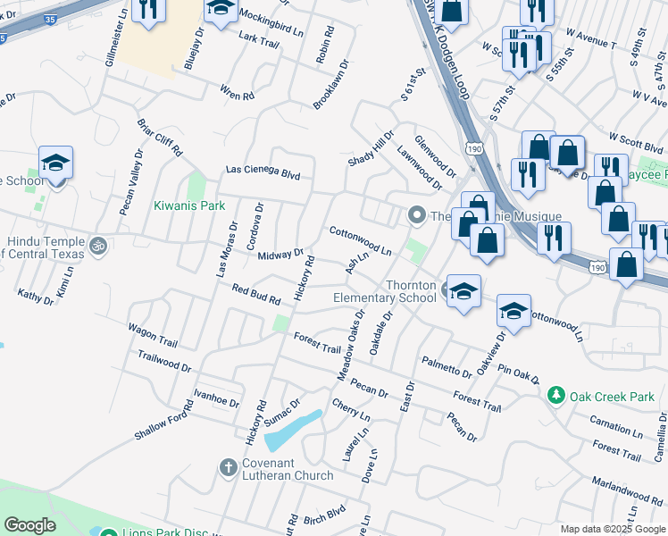 map of restaurants, bars, coffee shops, grocery stores, and more near 3302 Pin Oak Drive in Temple