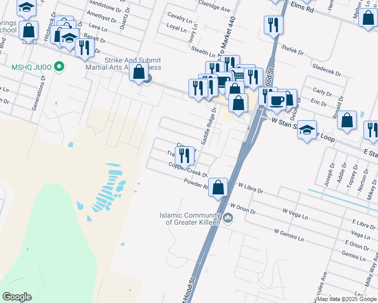 map of restaurants, bars, coffee shops, grocery stores, and more near 1304 Cinch Drive in Killeen