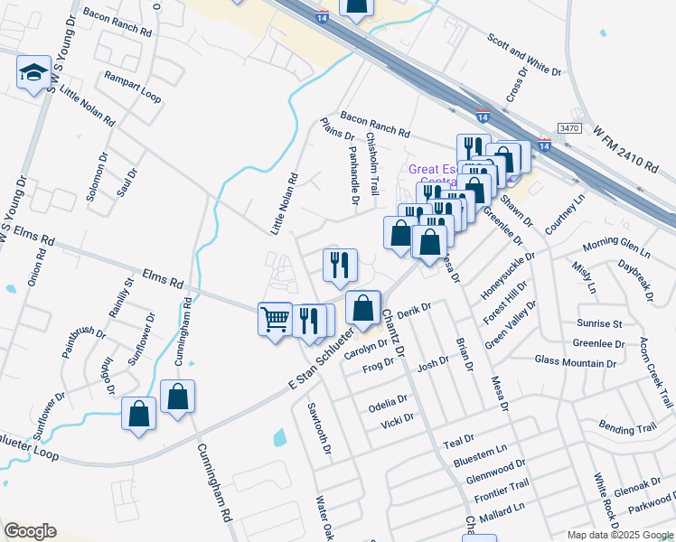map of restaurants, bars, coffee shops, grocery stores, and more near 3803 John Chisholm Loop in Killeen