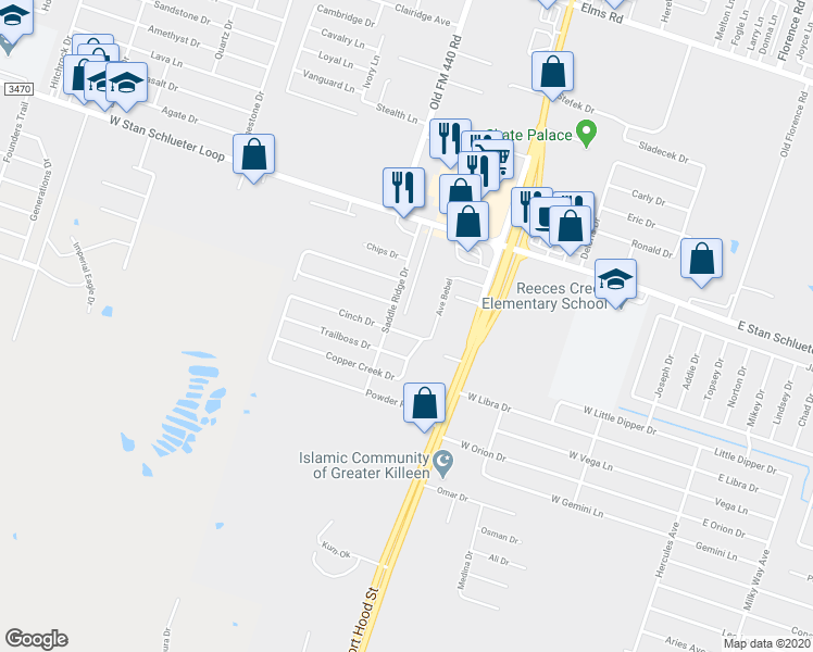 map of restaurants, bars, coffee shops, grocery stores, and more near 1205 Cinch Drive in Killeen