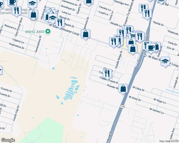 map of restaurants, bars, coffee shops, grocery stores, and more near 1500 Trailboss Drive in Killeen