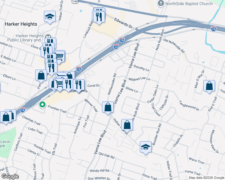 map of restaurants, bars, coffee shops, grocery stores, and more near 905 Rattlesnake Road in Harker Heights