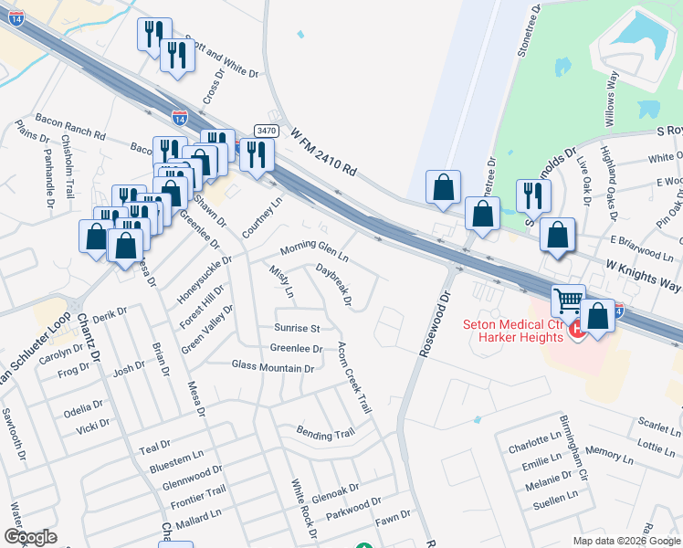 map of restaurants, bars, coffee shops, grocery stores, and more near 5203 Daybreak Circle in Killeen