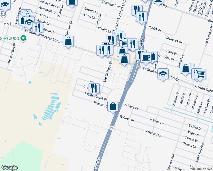 map of restaurants, bars, coffee shops, grocery stores, and more near 1205 Cinch Drive in Killeen