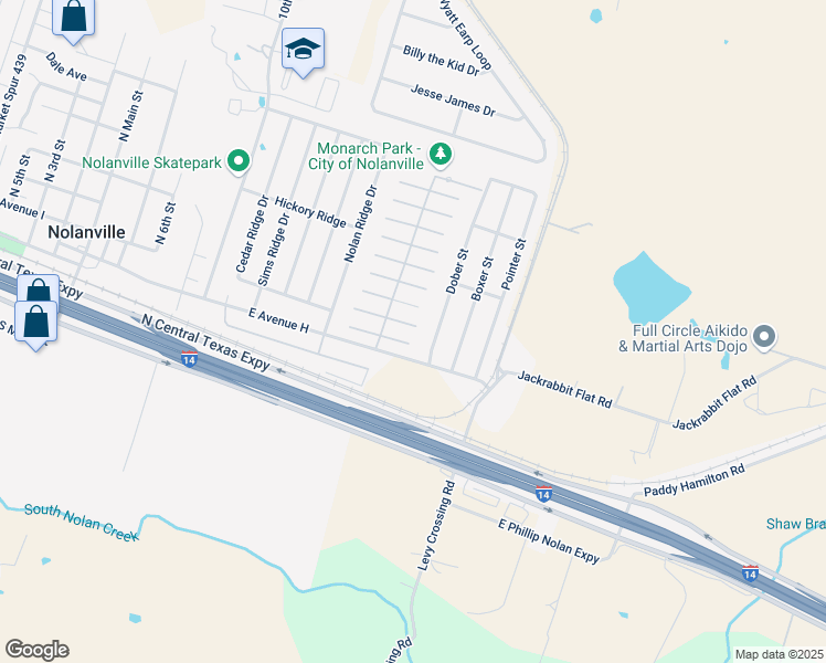 map of restaurants, bars, coffee shops, grocery stores, and more near 23 East Birch Street in Nolanville