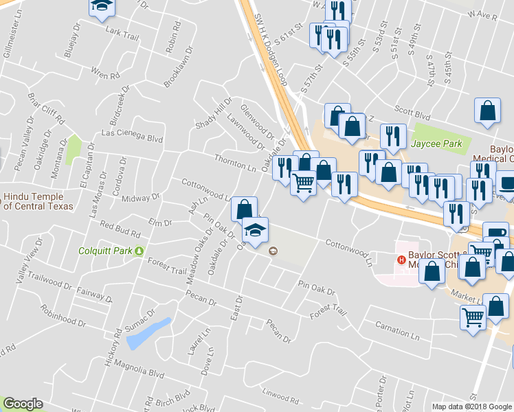 map of restaurants, bars, coffee shops, grocery stores, and more near 3018 Oaklawn Drive in Temple