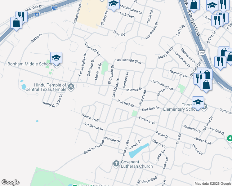 map of restaurants, bars, coffee shops, grocery stores, and more near 3309 Las Moras Drive in Temple