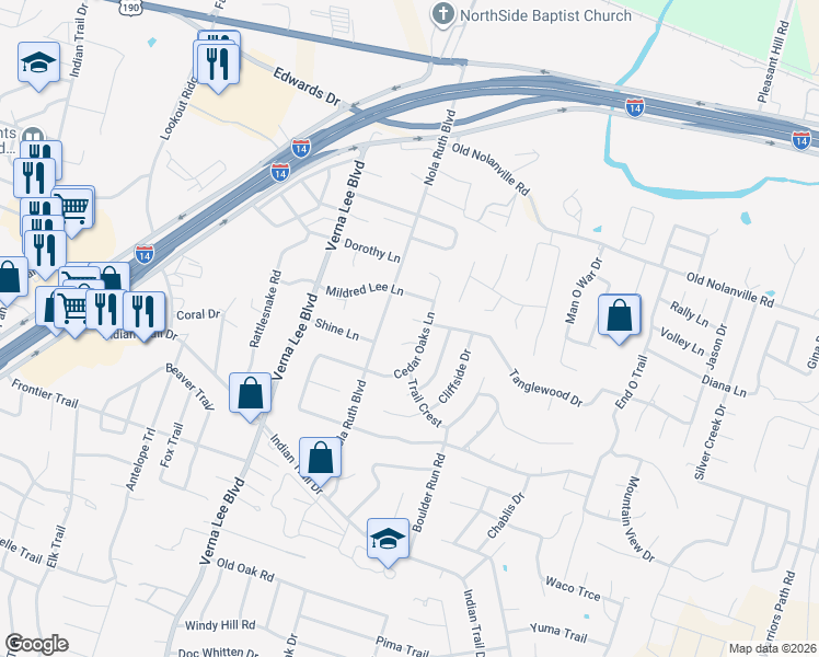 map of restaurants, bars, coffee shops, grocery stores, and more near 1202 Tanglewood Court in Harker Heights