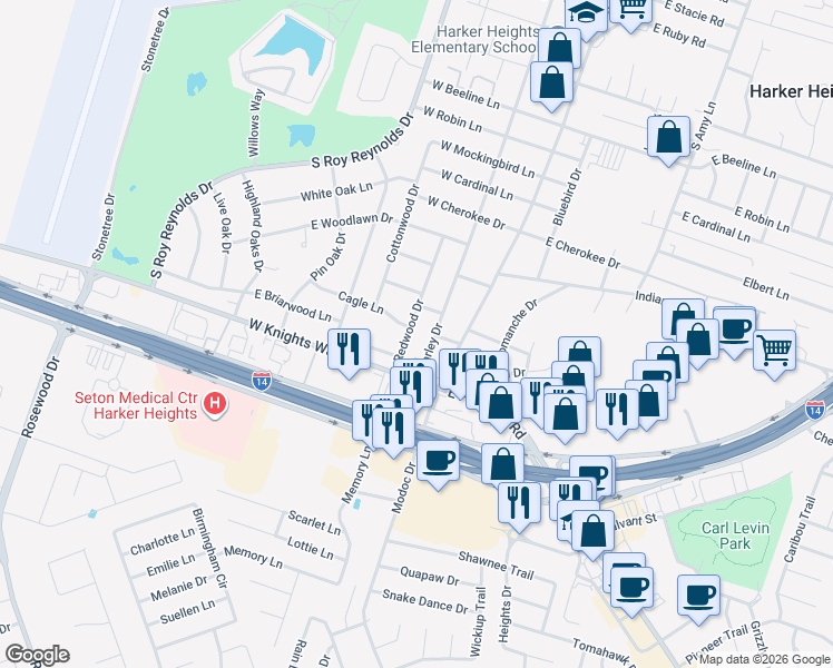 map of restaurants, bars, coffee shops, grocery stores, and more near 810 Cagle Lane in Harker Heights